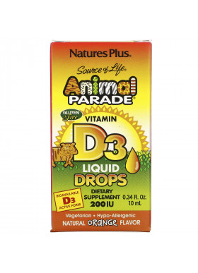 Nature's Plus, Source of Life, Animal Parade, Vitamin D3 Liquid Drops, Natural Orange Flavor, 200 IU, 0.34 fl oz (10 ml)