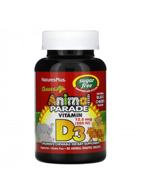 Nature's Plus, Source of Life, Animal Parade, Vitamin D3, Sugar Free, Natural Black Cherry, 12.5 mcg (500 IU), 90 Animal-Shaped Tablets