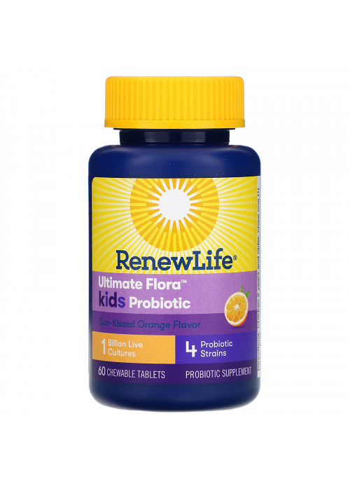 Renew Life, Ultimate Flora Kids Probiotic, Sun-Kissed Orange Flavor, 1 Billion Live Cultures, 60 Chewable Tablets