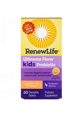 Renew Life, Ultimate Flora Kids Probiotic, Sun-Kissed Orange Flavor, 1 Billion Live Cultures, 60 Chewable Tablets