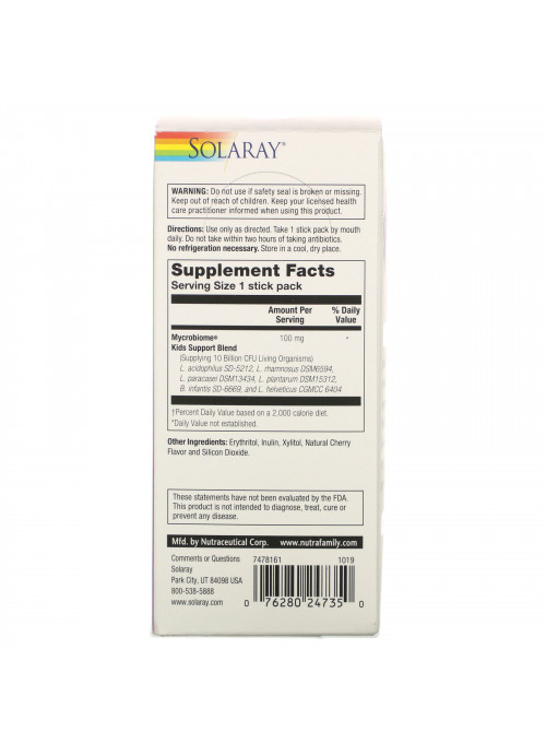 Solaray, Mycrobiome Probiotic, Kids Immune Support, Natural Cherry Flavor, 10 Billion Live Cultures, 20 Stick Packs