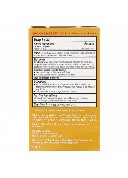Sundown Naturals Kids, Honey Soothers, Sore Throat Lollipops, Aww-Some Orange, 10 Pectin Pops