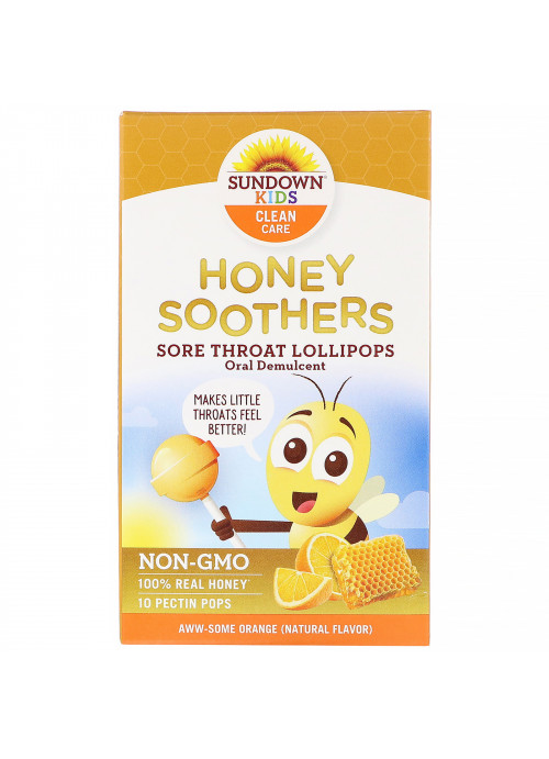 Sundown Naturals Kids, Honey Soothers, Sore Throat Lollipops, Aww-Some Orange, 10 Pectin Pops