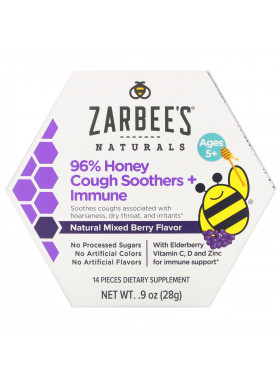 Zarbee's, 96% Honey Cough Soothers + Immune Support, Natural Mixed Berry Flavor, Ages 5+, 14 Pieces