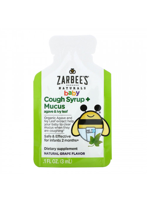 Zarbee's, Baby, Cough Syrup + Mucus with Organic Agave and Ivy Leaf, On-the-Go, Natural Grape Flavor, 10 Single Serve Packs, 1.0 fl oz (30 ml) Each