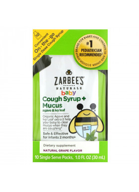 Zarbee's, Baby, Cough Syrup + Mucus with Organic Agave and Ivy Leaf, On-the-Go, Natural Grape Flavor, 10 Single Serve Packs, 1.0 fl oz (30 ml) Each