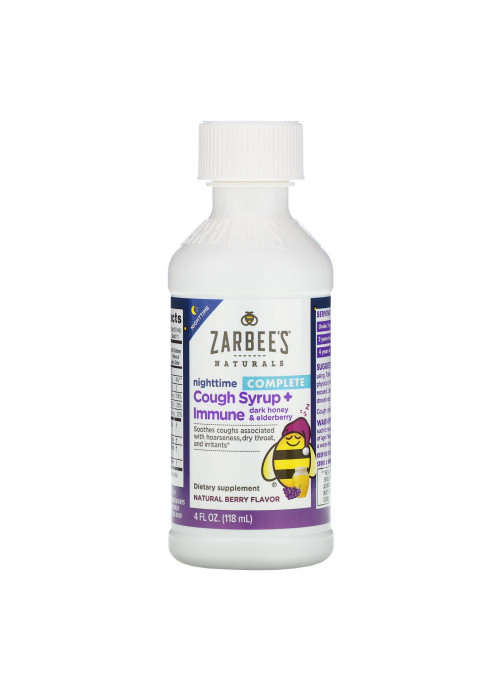 Zarbee's, Children's Complete, Nighttime Cough Syrup + Immune, Dark Honey & Elderberry, Natural Berry Flavor, 4 fl oz (118 ml)