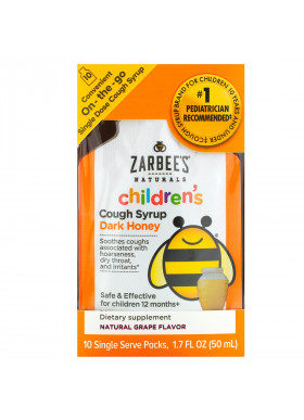 Zarbee's, Children's Cough Syrup, Dark Honey, On-the-Go, For Children 12 Months+, Natural Grape Flavor, 10 Single Serve Packs, 1.7 fl oz (50 ml)