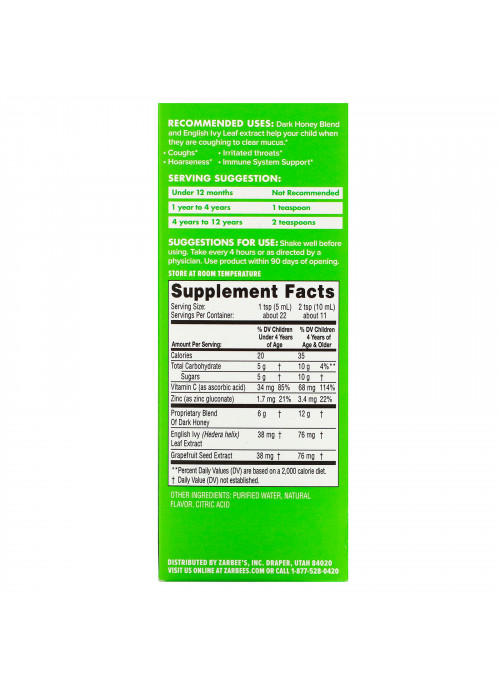 Zarbee's, Children's Cough Syrup + Mucus, Dark Honey & Ivy Leaf,  For Children 12 Months+, Natural Cherry Flavor, 4 fl oz (118 ml)