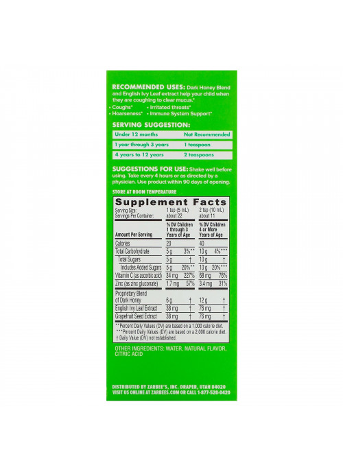 Zarbee's, Children's Cough Syrup + Mucus, Dark Honey & Ivy Leaf, For Children 12 Months+, Natural Grape Flavor, 4 fl oz (118 ml)