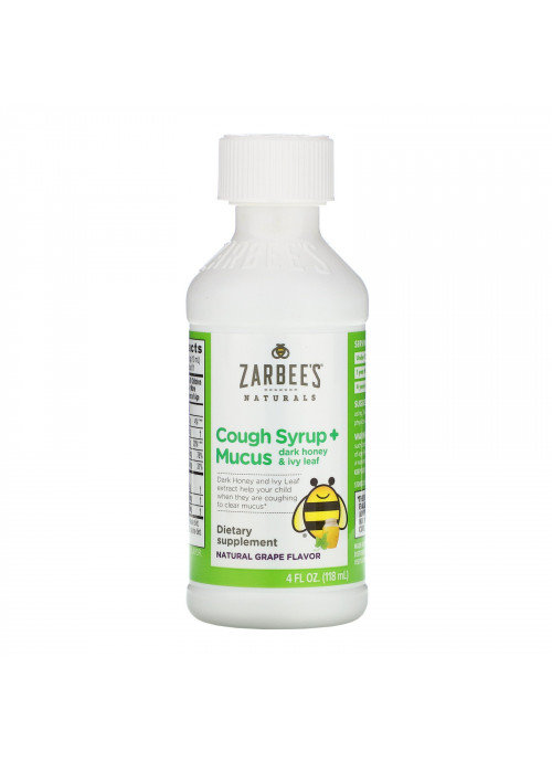 Zarbee's, Children's Cough Syrup + Mucus, Dark Honey & Ivy Leaf, For Children 12 Months+, Natural Grape Flavor, 4 fl oz (118 ml)