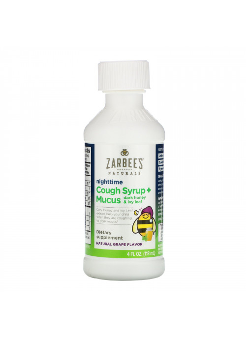 Zarbee's, Naturals, Children's Nighttime Cough Syrup + Mucus, Dark Honey & Ivy Leaf, For Children 2-12 Years, Natural Grape Flavor, 4 fl oz (118 ml)