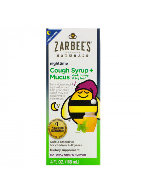 Zarbee's, Naturals, Children's Nighttime Cough Syrup + Mucus, Dark Honey & Ivy Leaf, For Children 2-12 Years, Natural Grape Flavor, 4 fl oz (118 ml)