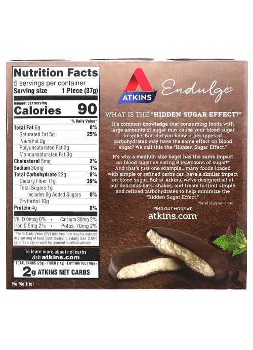 Atkins, Endulge, Dark Chocolate Covered Peppermint Patties, 5 Bars, 1.31 oz (37 g) Each