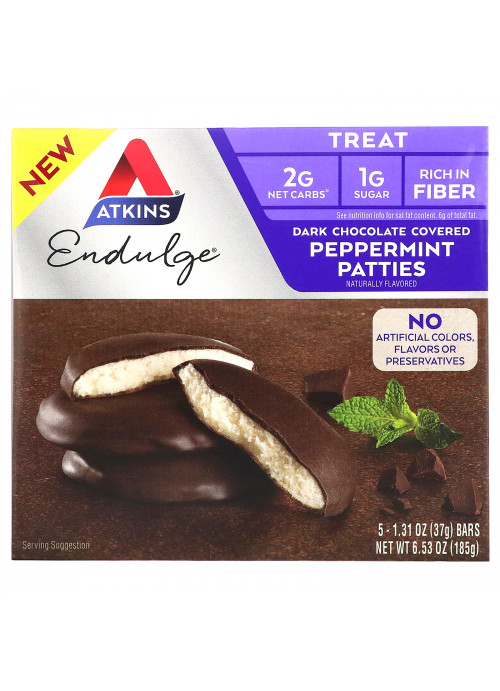 Atkins, Endulge, Dark Chocolate Covered Peppermint Patties, 5 Bars, 1.31 oz (37 g) Each