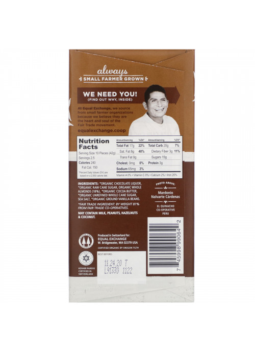 Equal Exchange, Organic Dark Chocolate, Almond & Sea Salt, 3.5 oz (100 g)