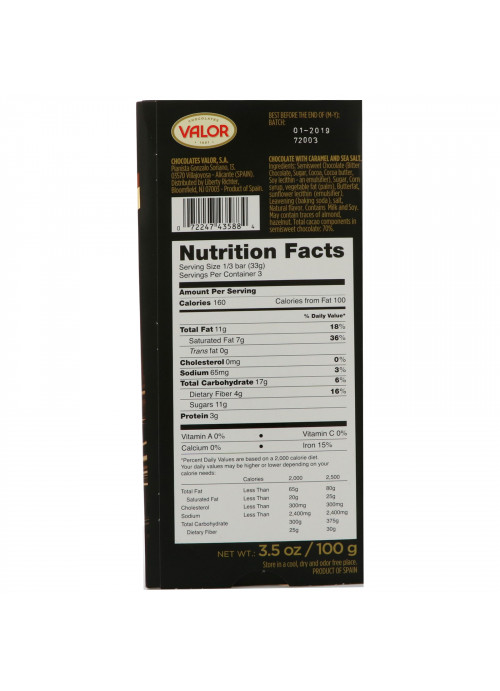 Valor, Dark Chocolate, 70% Cacao, With Caramel and Sea Salt, 3.5 oz (100 g)