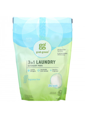 Grab Green, 3-in-1 Laundry Detergent Pods, Fragrance Free, 24 Loads, 13.5 oz (384 g)