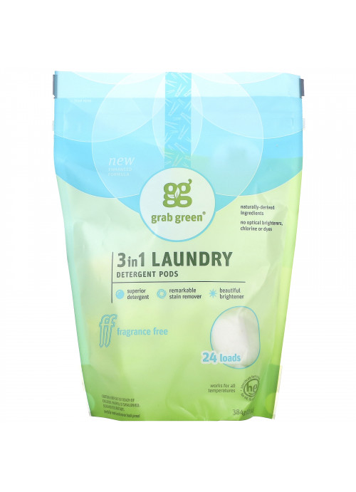 Grab Green, 3-in-1 Laundry Detergent Pods, Fragrance Free, 24 Loads, 13.5 oz (384 g)