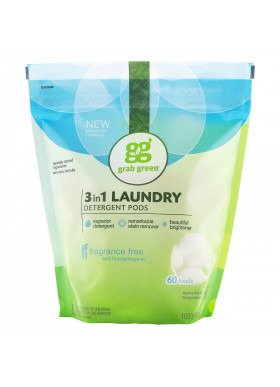 Grab Green, 3-in-1 Laundry Detergent Pods, Fragrance Free, 60 Loads, 2lbs, 6oz (1,080 g)
