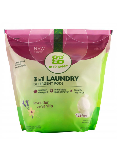 Grab Green, 3-in-1 Laundry Detergent Pods, Lavender,132 Loads, 5lbs, 4oz (2,376 g)