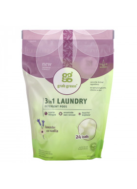 Grab Green, 3 in 1 Laundry Detergent Pods, Lavender with Vanilla, 24 Loads, 13.5 oz (384 g)