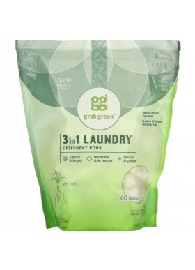 Grab Green, 3-in-1 Laundry Detergent Pods, Vetiver, 60 Loads, 2 lbs