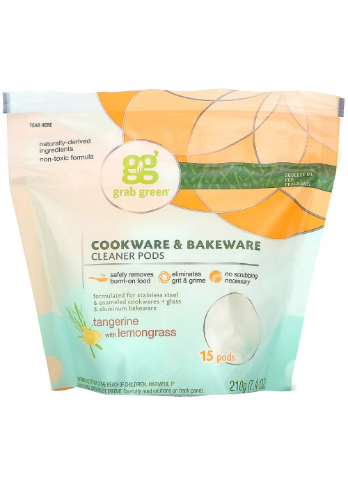 Grab Green, Cookware & Bakeware Cleaner Pods, Tangerine with Lemongrass, 15 Pods, 7.4 oz (210 g)