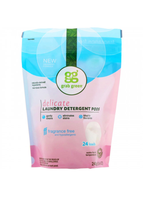 Grab Green, Delicate Laundry Detergent Pods, Fragrance Free, 24 Loads, 8.4 oz (240 g)