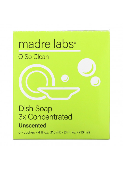 Madre Labs, Dish Soap, 3x Concentrate, Unscented, 6 Pouches, 4 fl oz (118 ml) Each