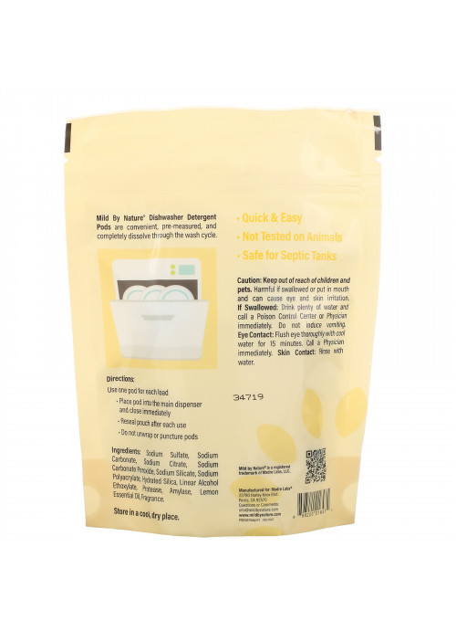Mild By Nature, Automatic Dishwashing Detergent Pods, Lemon Scent, 10 Loads, 0.39 lbs, 6.24 oz (177 g)