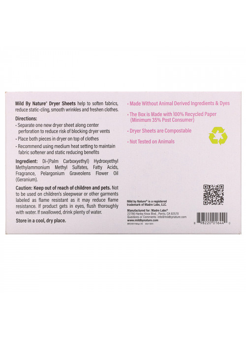 Mild By Nature, Dryer Sheets, Geranium, 120 Compostable Sheets