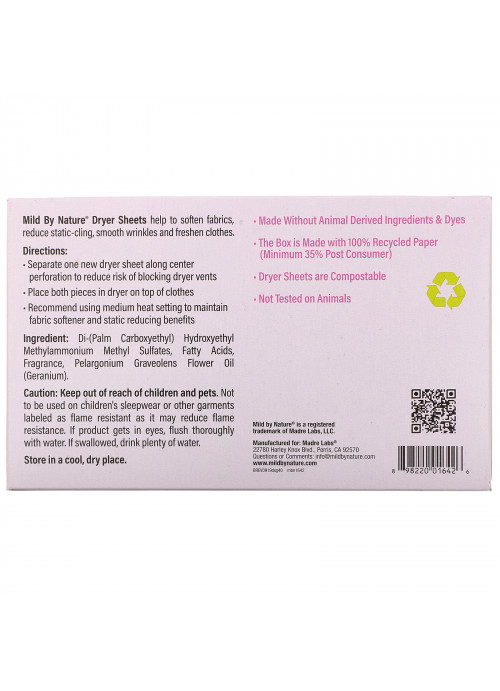 Mild By Nature, Dryer Sheets, Geranium, 40 Compostable Sheets