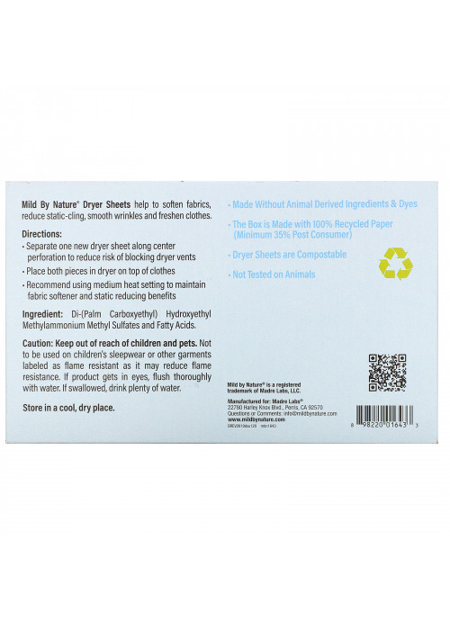 Mild By Nature, Dryer Sheets, Unscented, 120 Compostable Sheets