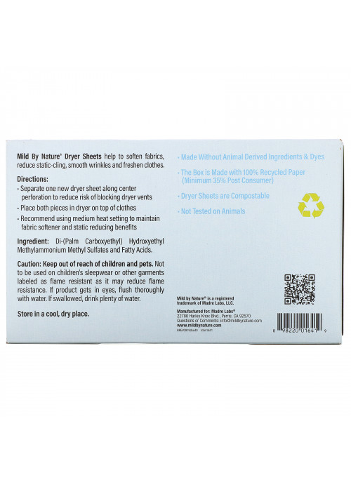 Mild By Nature, Dryer Sheets, Unscented, 40 Compostable Sheets