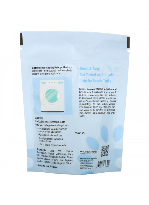 Mild By Nature, Laundry Detergent Pods, Unscented, 10 Loads, 0.39 lbs (177 g)