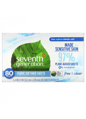 Seventh Generation, Fabric Softener Sheets, Free & Clear, 80 Sheets