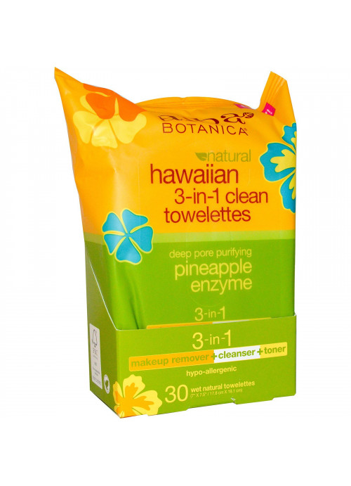 Alba Botanica, Natural Hawaiian 3-in-1 Clean Towelettes,  Pineapple Enzyme, 30 Wet Towelettes
