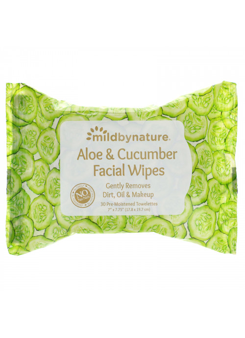 Mild By Nature, Aloe & Cucumber Facial Wipes, Biodegradable, 30 Pre-Moistened Towelettes