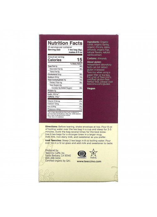 Teeccino, Roasted Herbal Tea, Vanilla Nut, Caffeine Free, 25 Tea Bags, 5.3 oz (150 g)