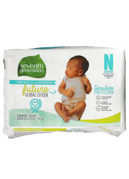 Seventh Generation, Sensitive Protection Diapers, Size N, Up to 10 lbs, 31 Diapers