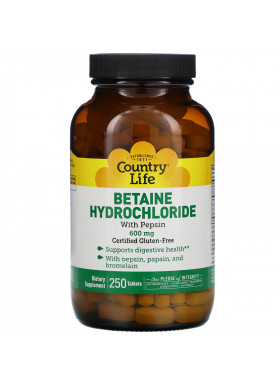 Country Life, Betaine Hydrochloride with Pepsin, 600 mg, 250 Tablets