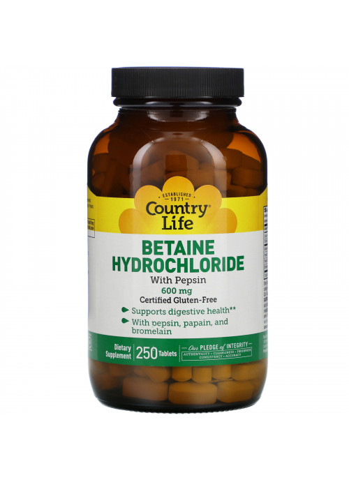 Country Life, Betaine Hydrochloride with Pepsin, 600 mg, 250 Tablets