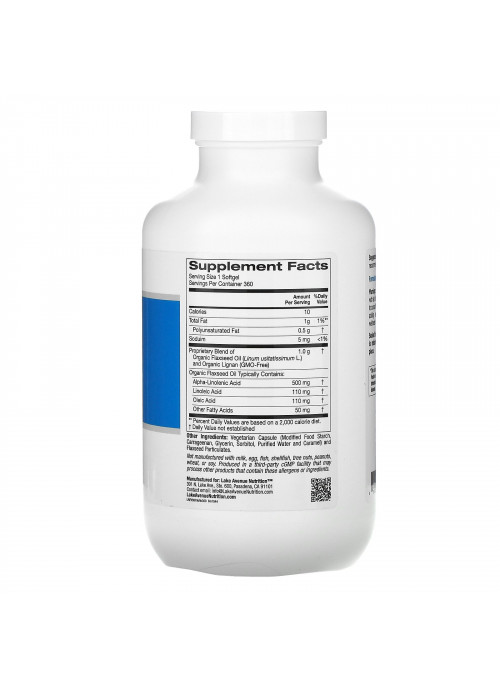 Lake Avenue Nutrition, Organic Cold Pressed Flaxseed Oil & Lignan, Hexane Free, 360 Veggie Softgels