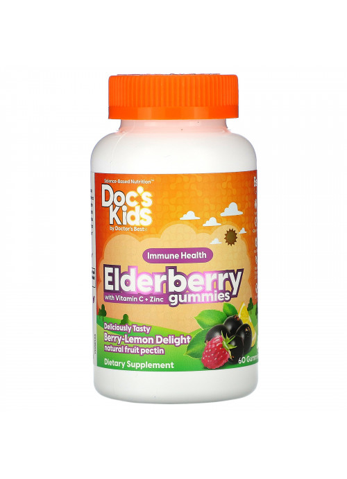 Doctor's Best, Doc's Kids, Elderberry Gummies with Vitamin C + Zinc, Berry Lemon Delight Flavor, 60 Gummies