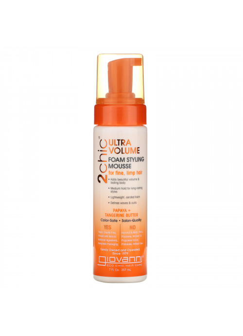 Giovanni, 2chic, Ultra-Volume Foam Styling Mousse, for Fine Limp Hair, Papaya & Tangerine  Butter, 7 fl oz (207 ml)