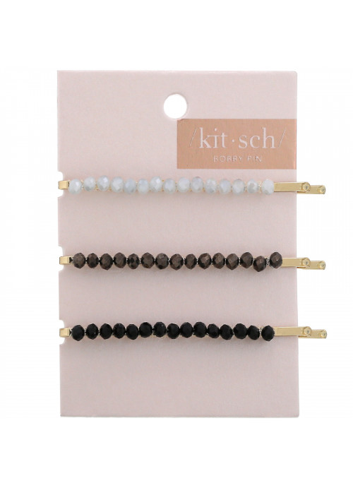 Kitsch, Beaded Bobby Pins, Black/Silver, 3 Pieces