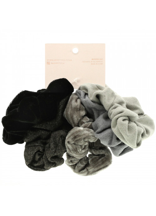 Kitsch, Velvet Scrunchies, Black/Gray, 5 Count