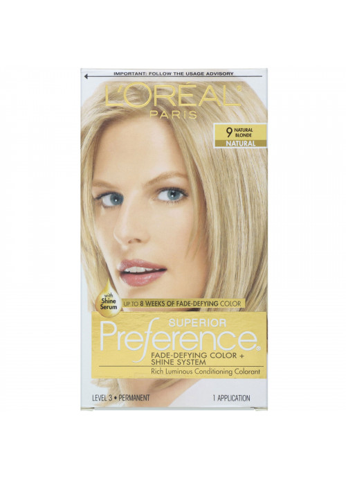 L'Oreal, Superior Preference, Fade-Defying Color + Shine System, 9 Natural Blonde, 1 Application