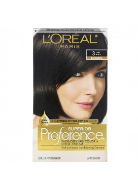 L'Oreal, Superior Preference, Fade-Defying Color + Shine System, Natural,  3 Soft Black, 1 Application